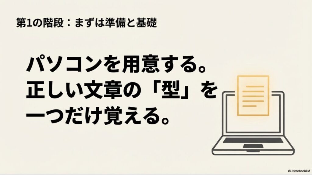 未経験からWebライターで月収30万へ│第1の階段:まずは準備と基礎。パソコンを用意し、正しい文章の「型」を一つだけ覚える。