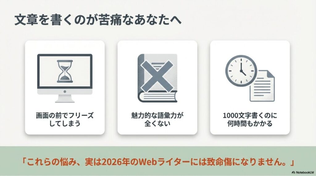 Webライターに向いてない人:画面の前でフリーズしてしまう、語彙力がない、1000文字書くのに何時間もかかるといったWebライター初心者の悩み