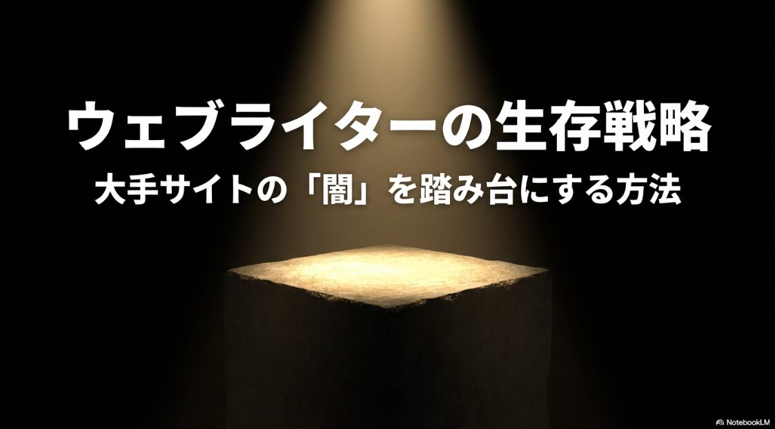 Webライターがクラウドソーシングを使う闇：ウェブライターの生存戦略 大手サイトの闇を踏み台にする方法と書かれたタイトルスライド