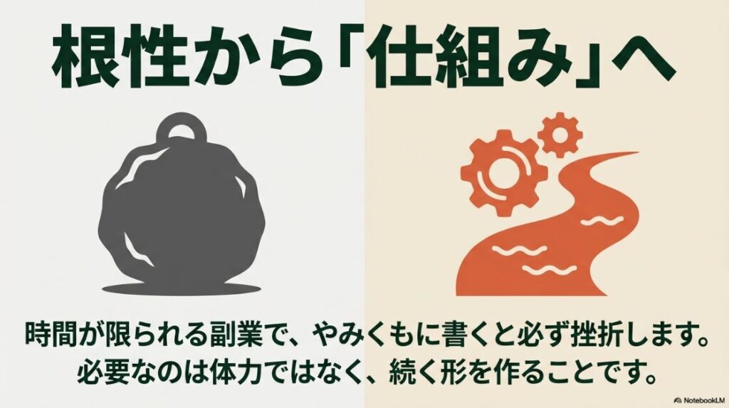 Webライター副業で月10万が現実に│根性から仕組みへ。時間が限られる副業において、やみくもに書くことによる挫折を防ぎ、継続できる形を作る重要性