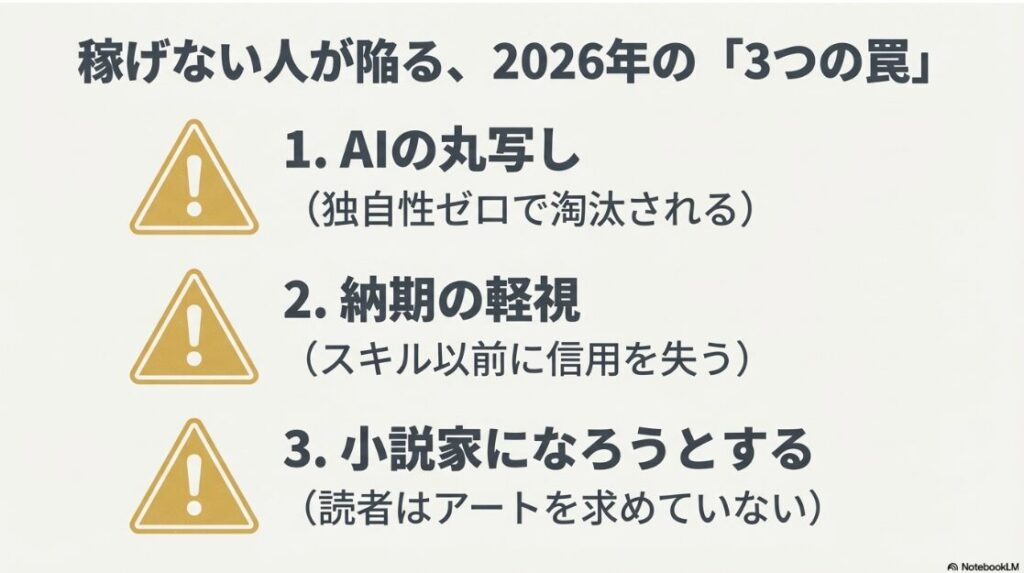 Webライターに向いてない人:AIの丸写し、納期の軽視、小説家になろうとするといった稼げない人が陥る2026年の3つの罠
