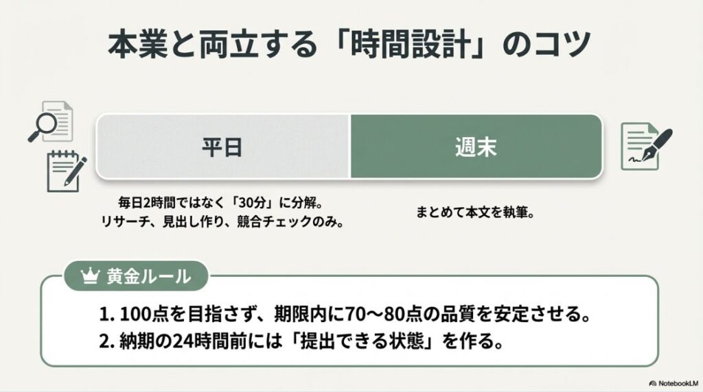 Webライター副業はやめとけ・ひどいは本当?平日は毎日2時間ではなく30分に分解してリサーチなどを行い、週末にまとめて本文を執筆する本業と両立する時間設計のコツ