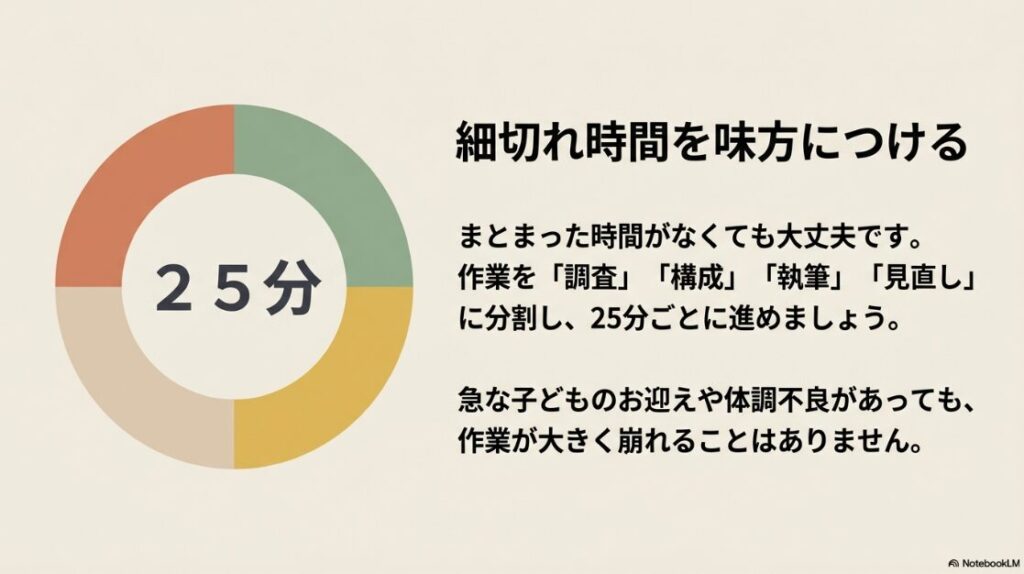 Webライター未経験の主婦の収入|まとまった時間がなくても、作業を調査・構成・執筆・見直しに分割し25分ごとに進める細切れ時間の活用法