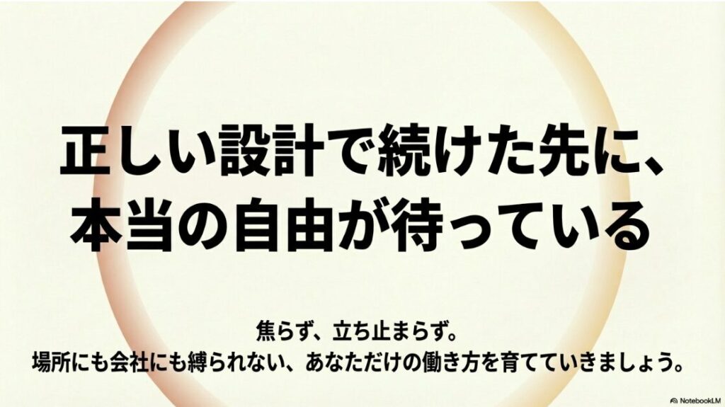 Webライターのやりがいは?楽しい理由:正しい設計で焦らず立ち止まらずに続けた先には、場所にも会社にも縛られない本当の自由な働き方が待っていることを伝えるスライド