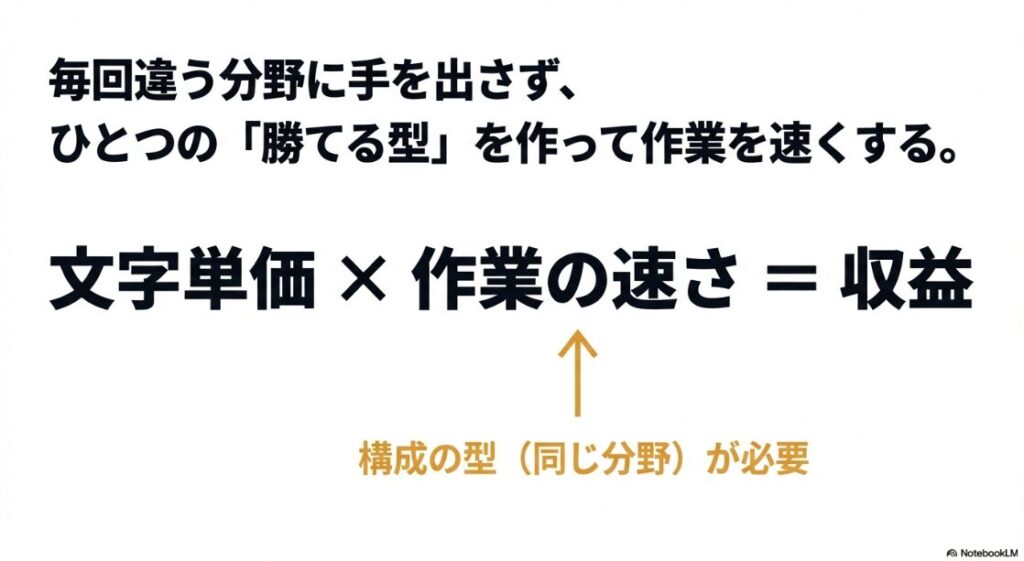 Webライターで副業の始め方|毎回違う分野に手を出さず、ひとつの「勝てる型」を作って作業を速くすることが重要です 。収益は文字単価と作業の速さの掛け算であり、同じ分野での構成の型が必要になります 。
