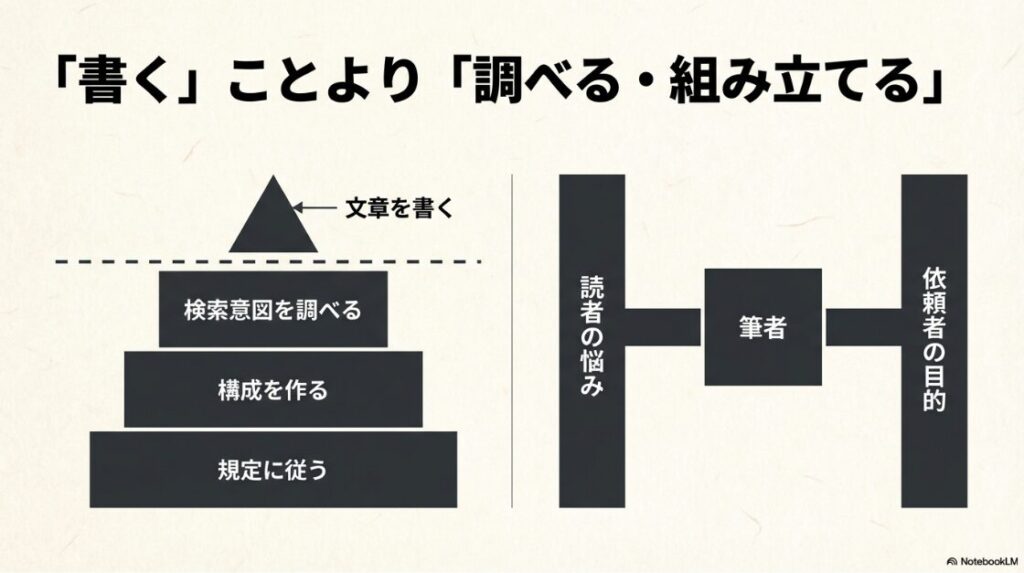 Webライターはどんな仕事内容？何をするか：記事執筆は氷山の一角であり、読者の悩みや検索意図の調査、構成作成など見えない作業が多いことを示す図解