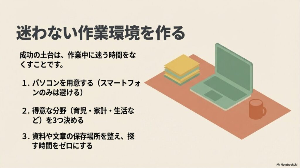 Webライター未経験の主婦の収入|パソコン準備、得意分野の決定、保存場所の整理など迷わない作業環境を作るための3ステップ