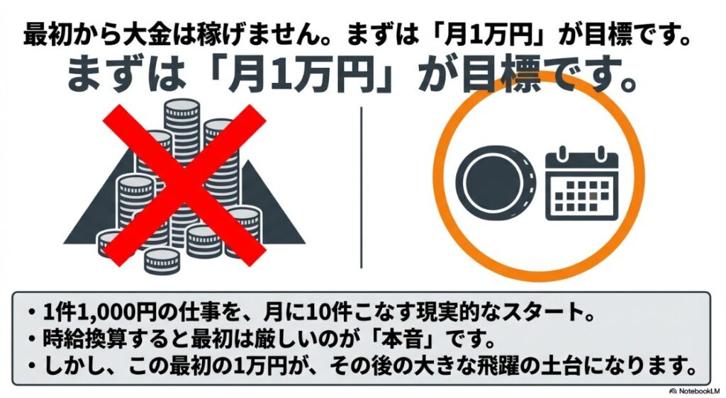 クラウドワークスでWebライターを未経験から始め方│最初から大金は稼げず、まずは月1万円が目標であることを示すバツ印のコインの図解 。