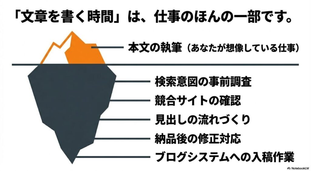 クラウドワークスでWebライターを未経験から始め方│文章を書く時間は仕事のほんの一部であり、検索意図の事前調査など本文執筆以外の業務があることを示す氷山の図解 。