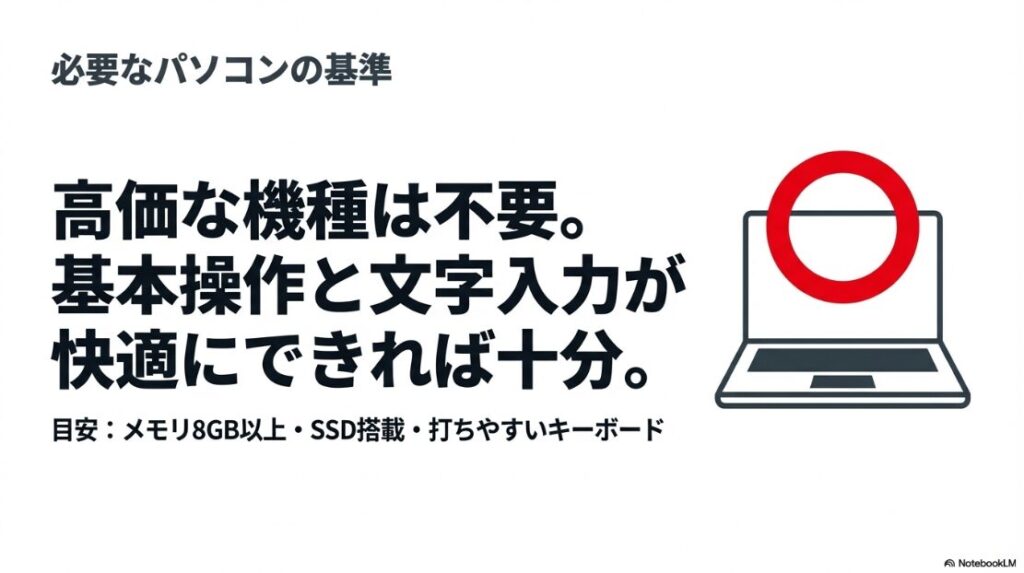 Webライターはパソコンがないと無理?高価な機種は不要で、メモリ8GB以上やSSD搭載が目安であることを説明するスライド