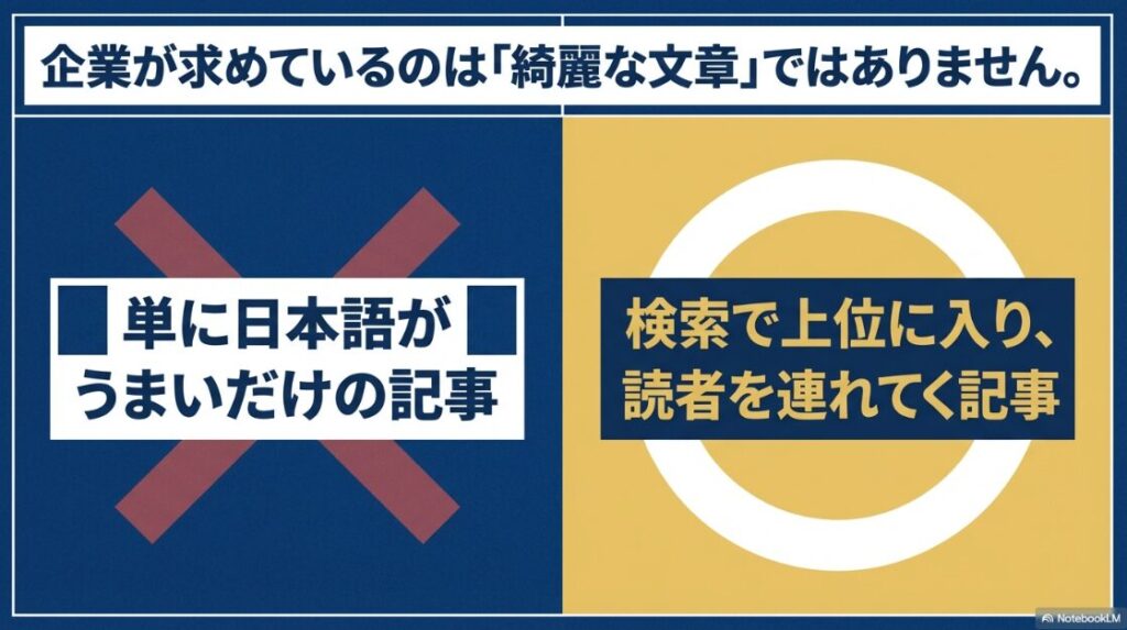 企業が求めているのは単に綺麗な文章ではなく、検索で上位に入り読者を集客できる記事