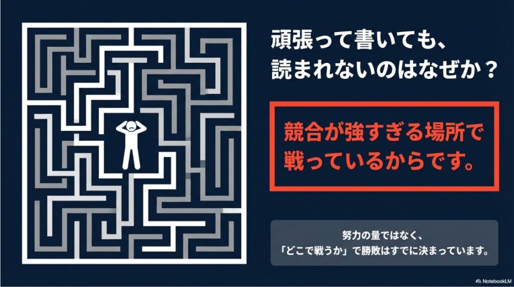 迷路で悩む人のイラスト。競合が強すぎる場所で戦っているため記事が読まれない理由を図解