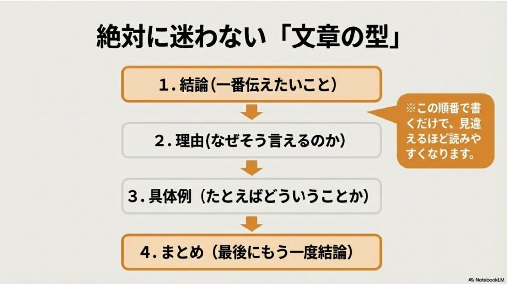 Webライターの記事の書き方と文章力：絶対に迷わない文章の型。1.結論、2.理由、3.具体例、4.まとめの順番で書くだけで見違えるほど読みやすくなります。