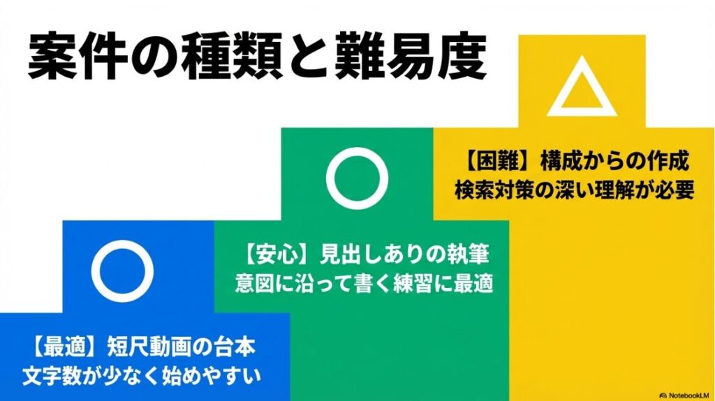 クラウドワークスでテストライティング案件:Webライティング案件の種類(構成からの作成、見出しありの執筆、短尺動画台本)とそれぞれの難易度を比較した図