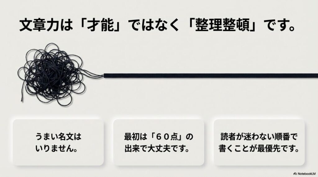 Webライターの記事の書き方と文章力：文章力は才能ではなく整理整頓です。うまい名文はいりません。最初は60点の出来で大丈夫です。読者が迷わない順番で書くことが最優先です。