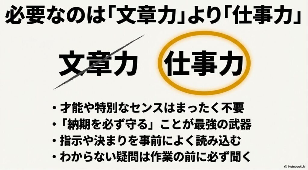Webライターで月5万円：必要なのは文章力より仕事力。才能は不要で、納期厳守や指示の読み込みが重要であるという図解 。