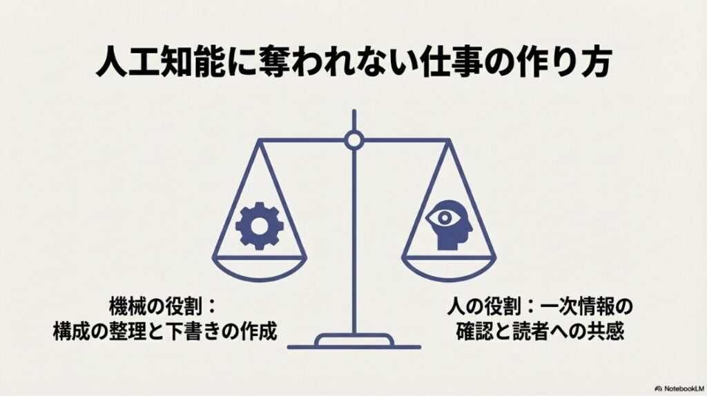 Webライターは稼げるのか：人工知能に奪われない仕事の作り方として、機械と人の役割分担を示したスライド