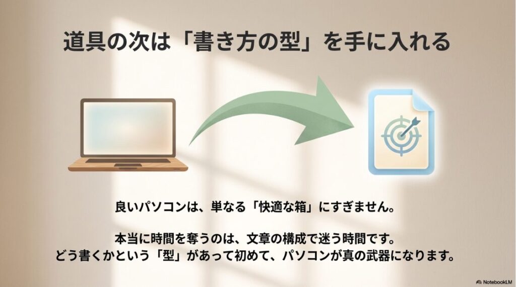 Webライターのパソコン選びでおすすめの初心者向け：道具の次は「書き方の型」を手に入れるという提案。良いパソコンは快適な箱にすぎず、どう書くかという型があって初めて真の武器になるという説明。