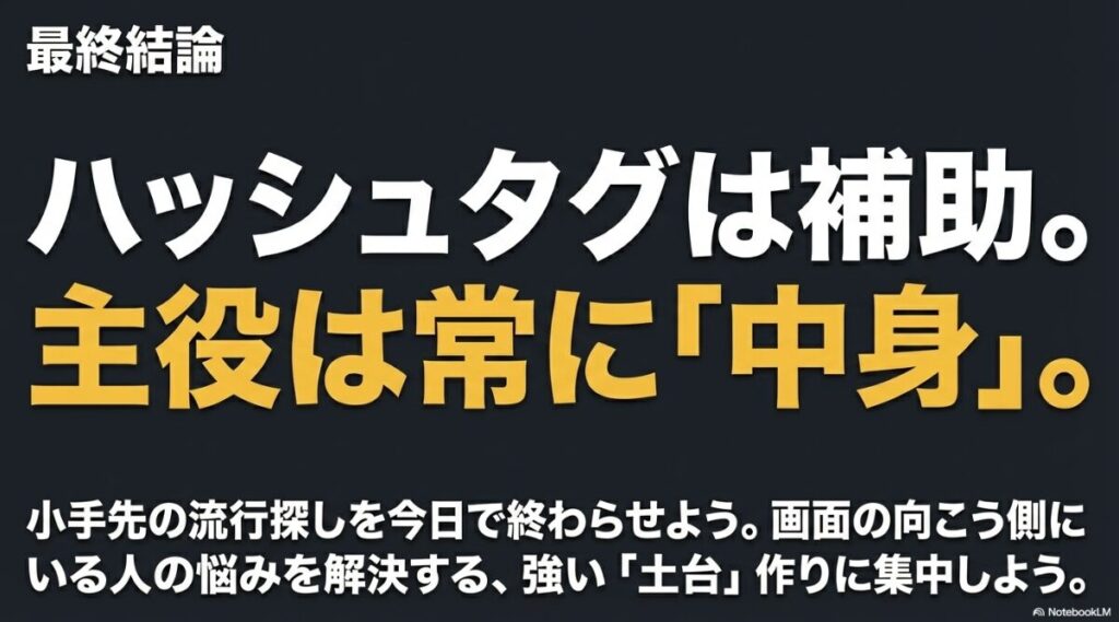 最終結論：ハッシュタグは補助であり主役は常にコンテンツの中身