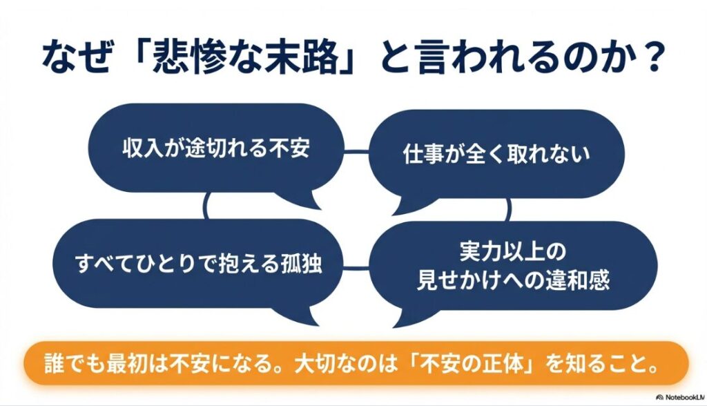 フリーランスの末路はやめとけ？収入が途切れる不安、仕事が全く取れない、すべてひとりで抱える孤独、実力以上の見せかけへの違和感といった、フリーランスに対する不安の声
