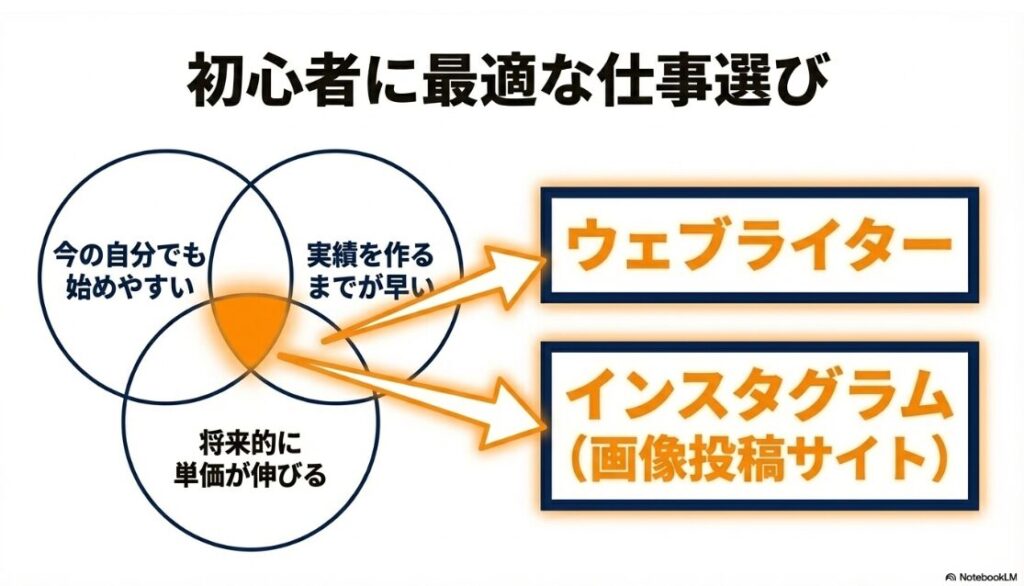 フリーランスの末路はやめとけ？今の自分でも始めやすく、実績作りが早く、将来単価が伸びる初心者向けの仕事として、ウェブライターとインスタグラムを推奨