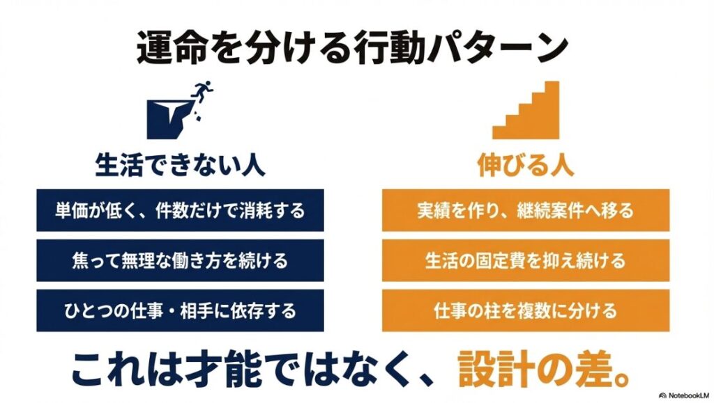 フリーランスの末路はやめとけ？生活できない人は単価が低く依存しがちだが、伸びる人は実績を作り複数案件へ移るという行動パターンの違い