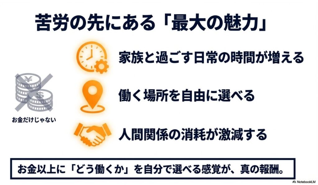 フリーランスの末路はやめとけ？家族と過ごす日常の時間が増える、働く場所を自由に選べる、人間関係の消耗が激減するといったフリーランスの魅力