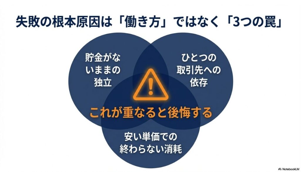 フリーランスの末路はやめとけ？失敗の根本原因は働き方ではなく、貯金がないままの独立、ひとつの取引先への依存、安い単価での終わらない消耗という3つの罠