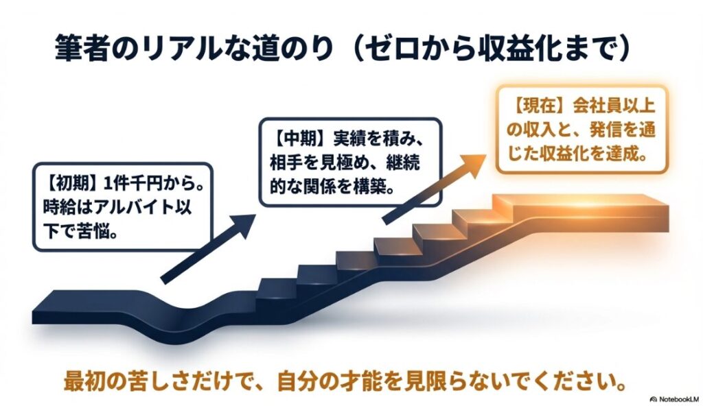 フリーランスの末路はやめとけ？1件千円の苦悩期から、実績を積み継続関係を構築し、会社員以上の収入と収益化を達成するまでのステップ