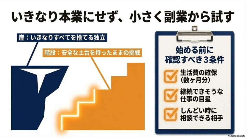 フリーランスの末路はやめとけ？いきなり本業にせず小さく副業から試すための3条件。数ヶ月分の生活費の確保、継続できそうな仕事の目星、相談できる相手