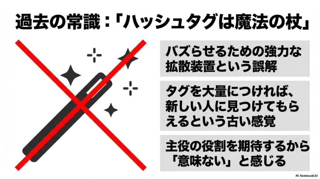 インスタのハッシュタグが意味ないは本当？過去の常識：ハッシュタグは魔法の杖。バズらせるための強力な拡散装置という誤解