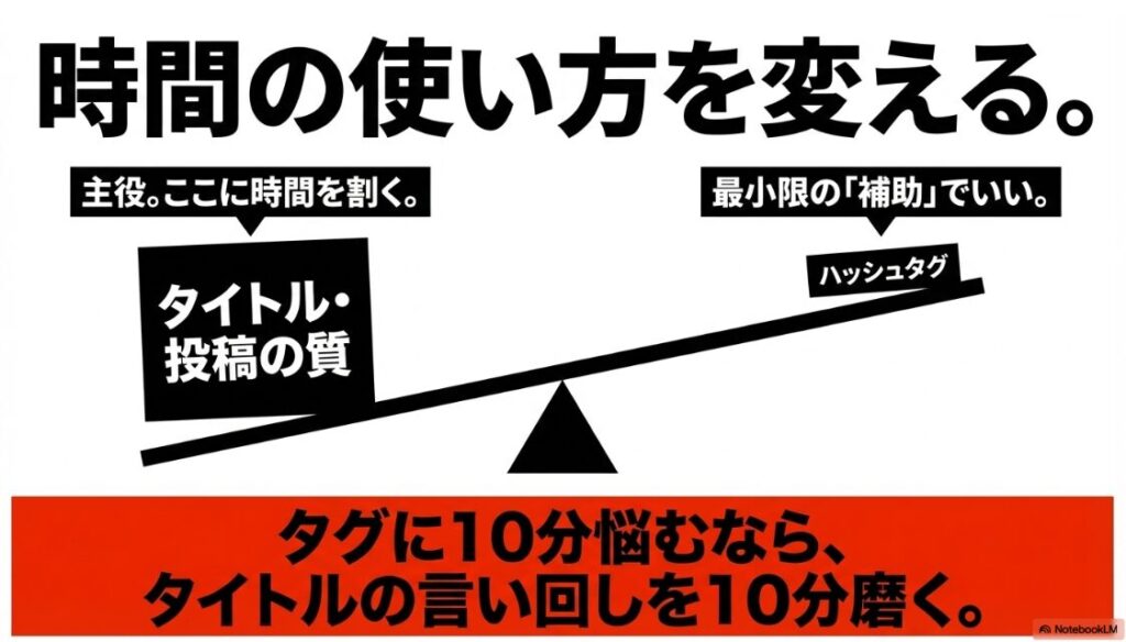インスタのハッシュタグが意味ないは本当？時間の使い方を変える。ハッシュタグの補助は最小限にし、タイトルや投稿の質に時間を割く