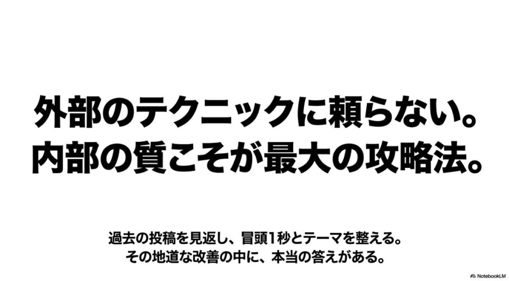 インスタのリールがおすすめに乗る方法：外部のテクニックに頼らない。内部の質こそが最大の攻略法であり、過去の投稿を見直す地道な改善の中に本当の答えがあると書かれたスライド 。