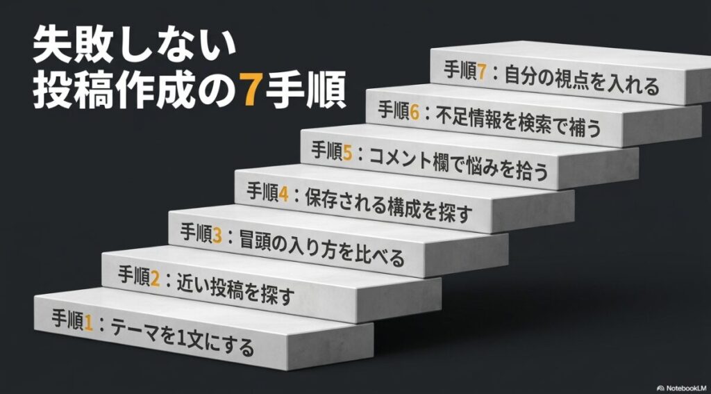 テーマを1文にする手順から始まり、自分の視点を入れるまでの、失敗しない投稿作成の7手順を示す階段状の図解