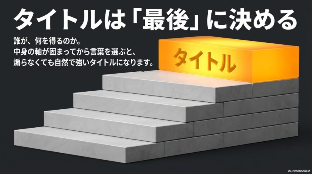 インスタのリサーチ方法：タイトルは「最後」に決める。中身の軸が固まってから言葉を選ぶと、煽らなくても自然で強いタイトルになるという解説