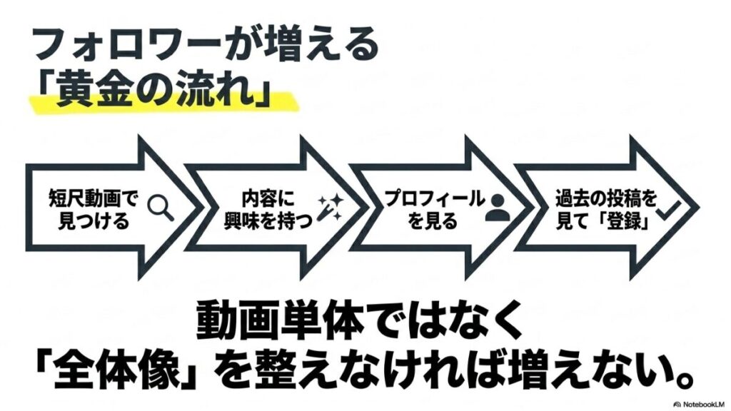 インスタのフォロワーの増やし方：フォロワーが増える「黄金の流れ」を図解。短尺動画で見つける、内容に興味を持つ、プロフィールを見る、過去の投稿を見て登録するという4ステップと、動画単体ではなく全体像を整える必要性を解説するスライド 。