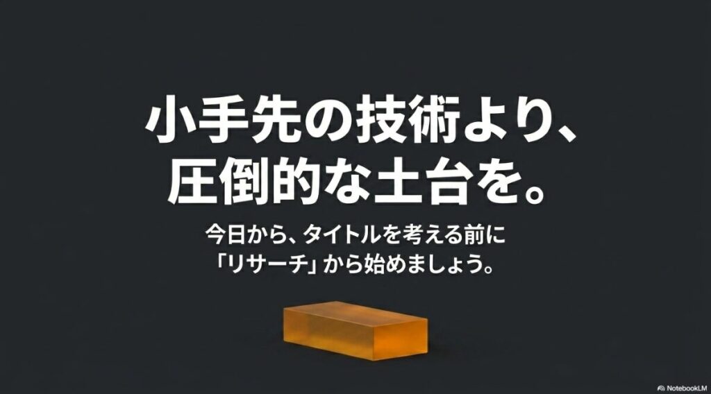インスタのリサーチ方法：小手先の技術より、圧倒的な土台を。今日から、タイトルを考える前にリサーチから始めましょうというメッセージ