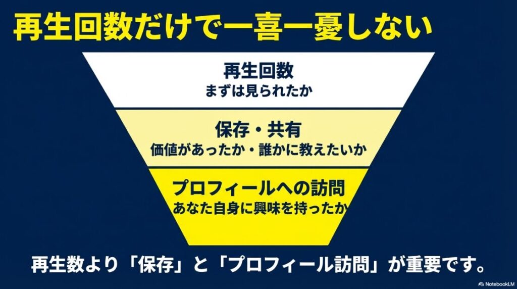 インスタのリールがバズる秒数と長さ:リール運用は再生回数だけでなく保存やプロフィール訪問が重要であることを示す図