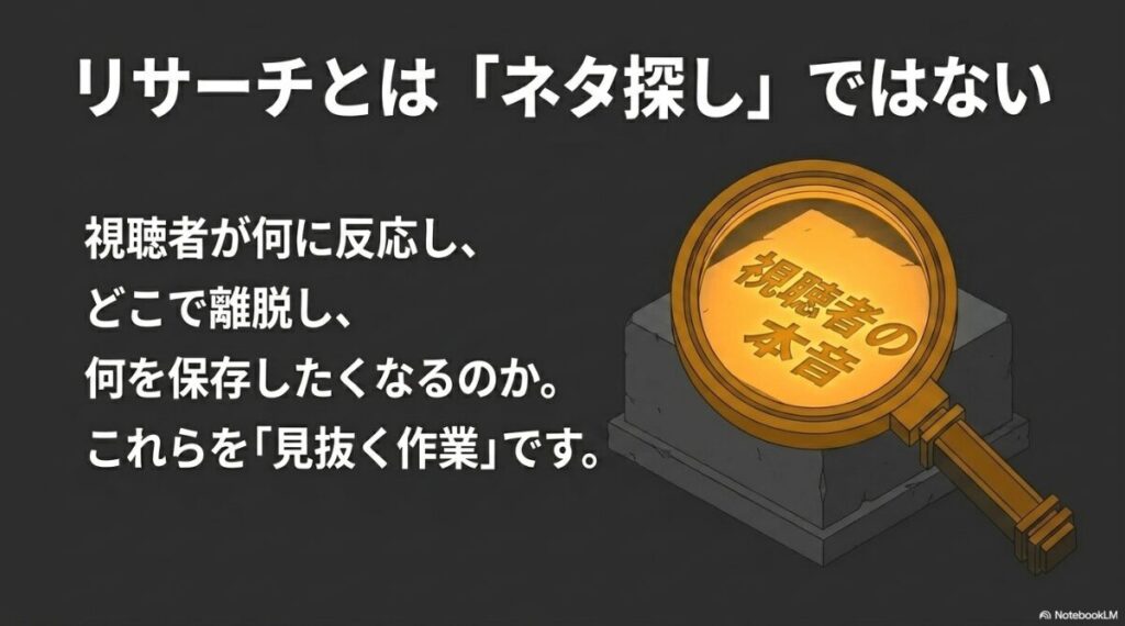 リサーチとはネタ探しではなく、視聴者が何に反応し、どこで離脱し、何を保存したくなるのかという本音を見抜く作業であることの説明
