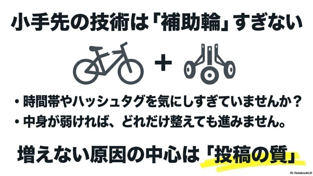 インスタのフォロワーの増やし方：自転車と補助輪のイラスト。小手先の技術は補助輪にすぎず、時間帯やハッシュタグを気にしすぎても中身が弱ければ進まないこと、増えない原因の中心は「投稿の質」であることを示すスライド 。
