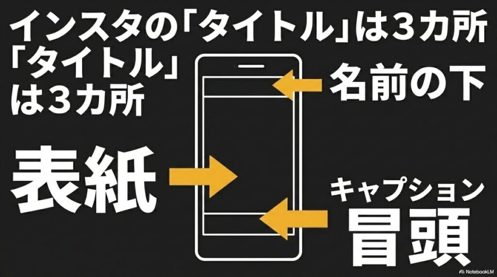 インスタのタイトルの付け方：インスタのタイトル配置場所である表紙、名前の下、キャプション冒頭の3箇所を示す図解