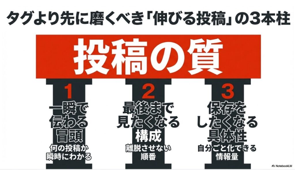 タグより先に磨くべき「伸びる投稿」の3本柱。一瞬で伝わる冒頭、最後まで見たくなる構成、保存をしたくなる具体性