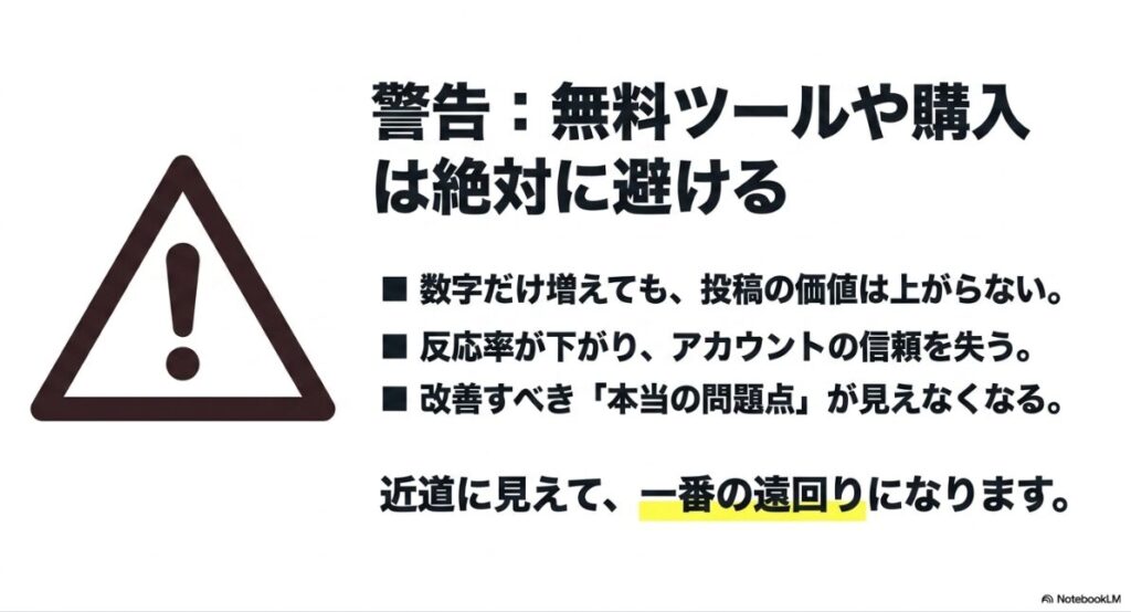 インスタのフォロワーの増やし方：大きな警告マークとともに、無料ツールや購入は絶対に避けるよう促すスライド。数字だけ増えても投稿の価値は上がらず、近道に見えて一番の遠回りになると説明している 。