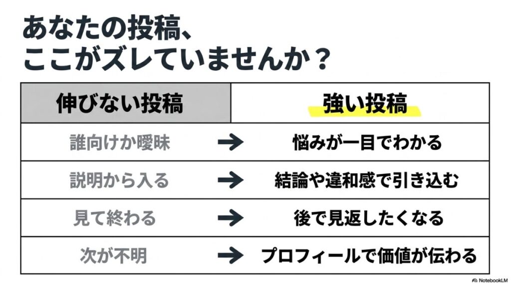 インスタのフォロワーの増やし方：「あなたの投稿、ここがズレていませんか？」という問いかけとともに、伸びない投稿（誰向けか曖昧、説明から入るなど）と強い投稿（悩みが一目でわかる、結論で引き込むなど）の特徴を比較した表のスライド 。