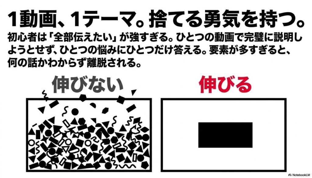 インスタのリールがおすすめに乗る方法：1動画、1テーマ。捨てる勇気を持つ。初心者は全部伝えたいが強すぎると指摘し、情報を絞る重要性を伝えた図解 。