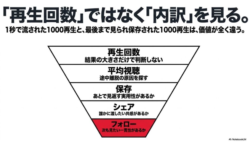 勝負は最初の1秒で決まる。動画の冒頭は自己紹介の場ではなく視聴者を止める場であると説明するスライド 。