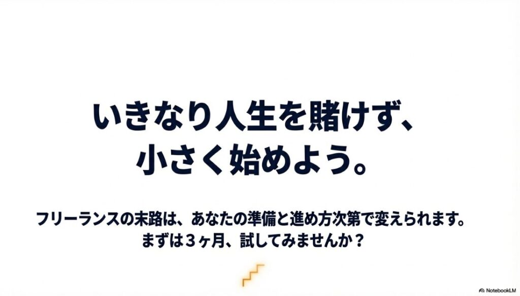 フリーランスの末路はやめとけ？いきなり人生を賭けず、小さく始めよう。まずは3ヶ月試してみませんか？