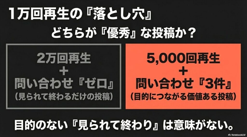 インスタのリールがバズる再生回数はどれくらい？2万回再生で問い合わせゼロの投稿より、5000回再生で問い合わせ3件の投稿の方が目的に繋がる価値ある投稿であることを示す図解