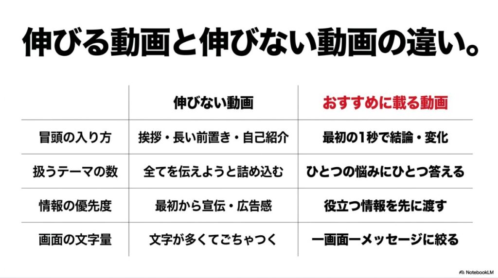 インスタのリールがおすすめに乗る方法：冒頭の入り方、扱うテーマの数、情報の優先度、画面の文字量において、伸びない動画とおすすめに載る動画の違いを比較した表 。