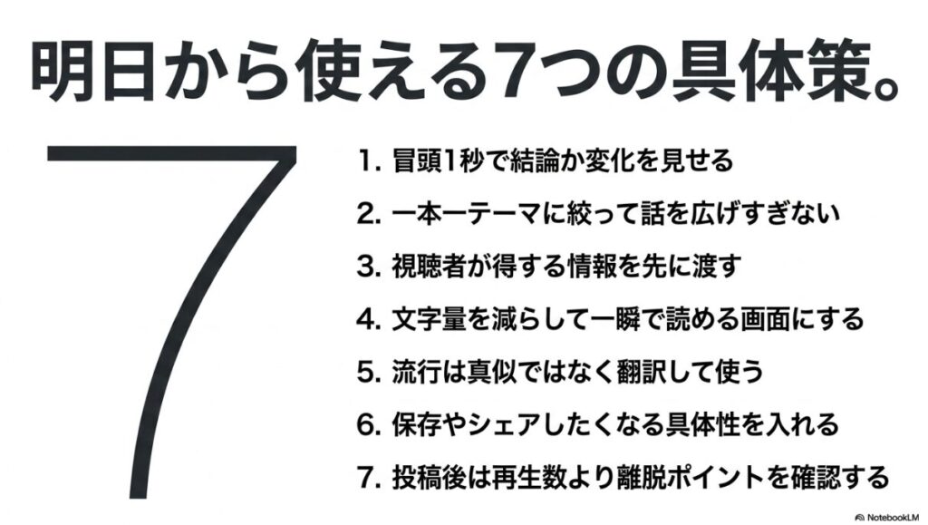 インスタのリールがおすすめに乗る方法：冒頭1秒での結論、1テーマに絞るなど、明日から使える7つの具体策がリスト化されたスライド 。